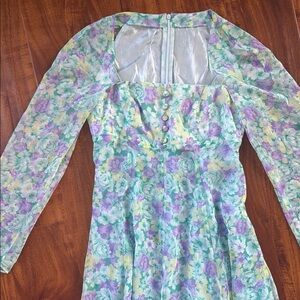 Vintage 70s Floral Long Sleeve Empire Waist Chiffon Dress